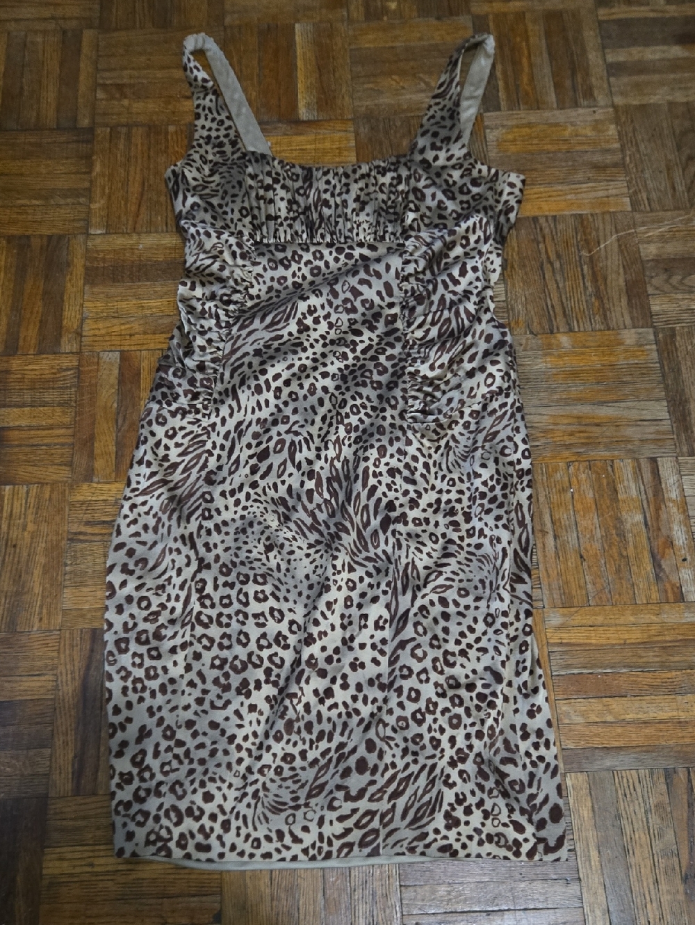David Meister Sleeveless Leopard Print Sheath Dress in Beige and Brown